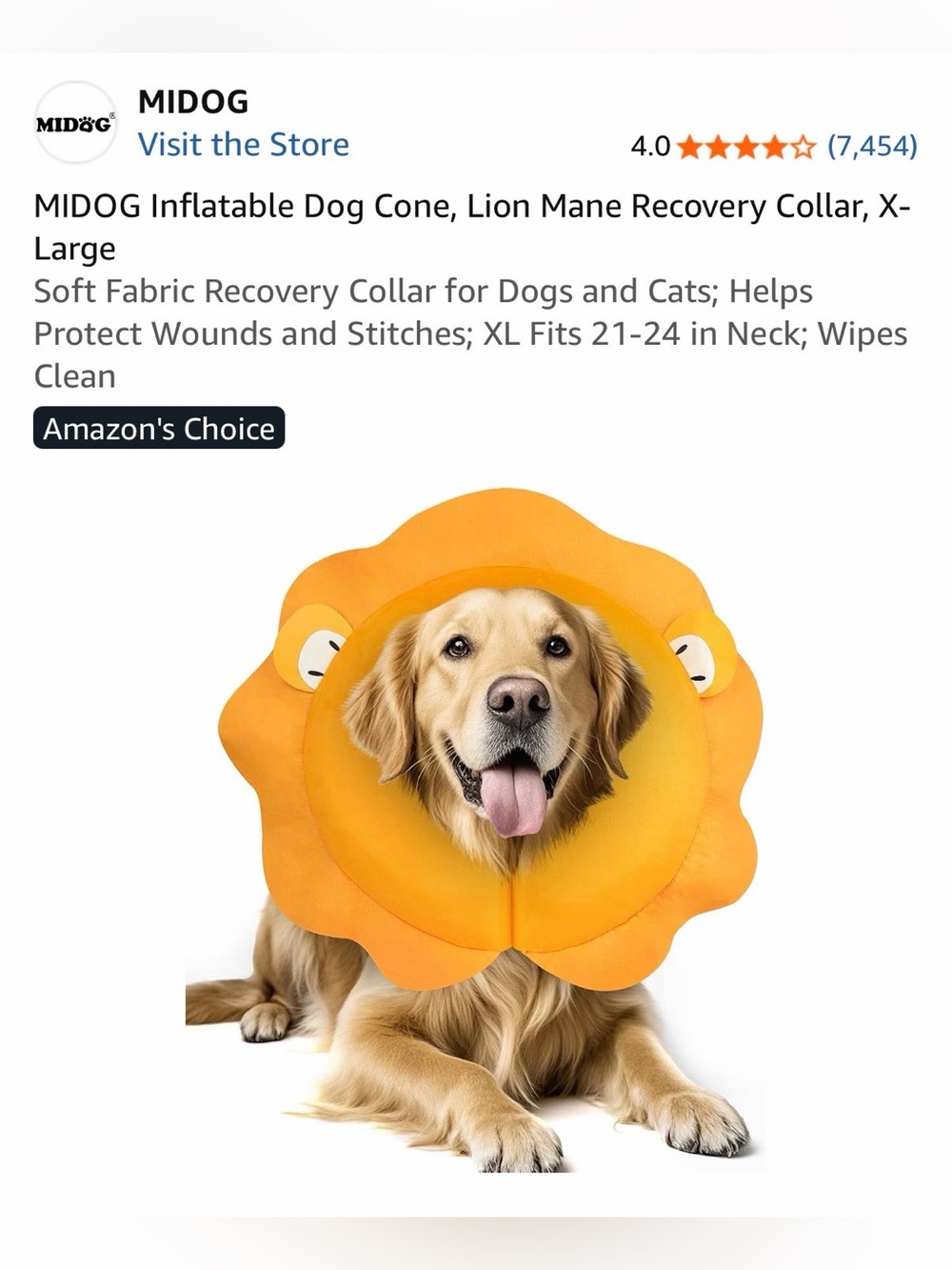 Mido Orange Lion Mane Inflatable Recovery Collar for Dogs